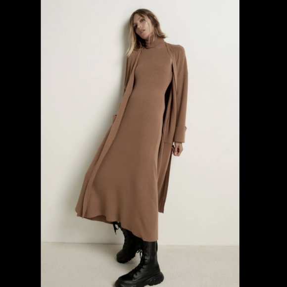 ZARA NEW WOMAN DUSTY PINK CAMEL LONG KNIT CARDIGAN + MIDI DRESS 0014/124 S M - Picture 4 of 9